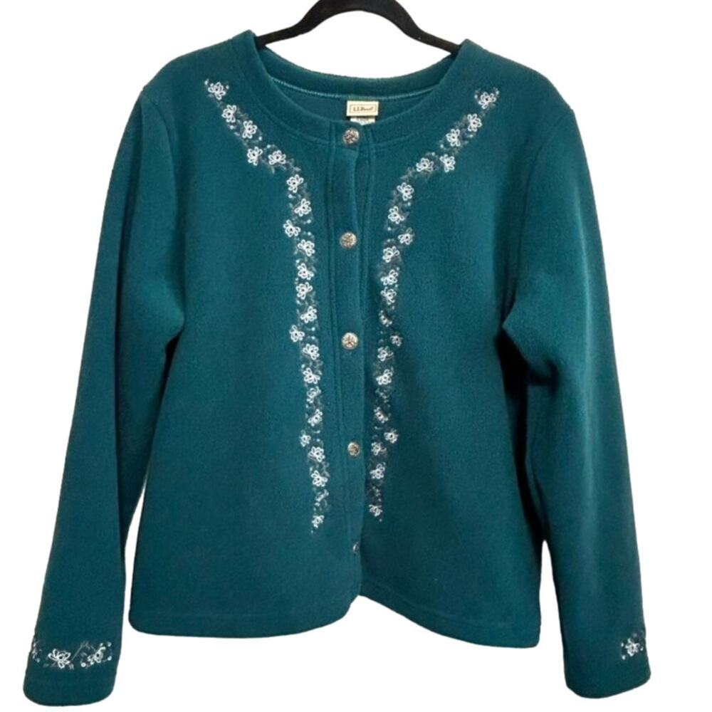 L.L. Bean Teal Cardigan with White Floral Embroidery